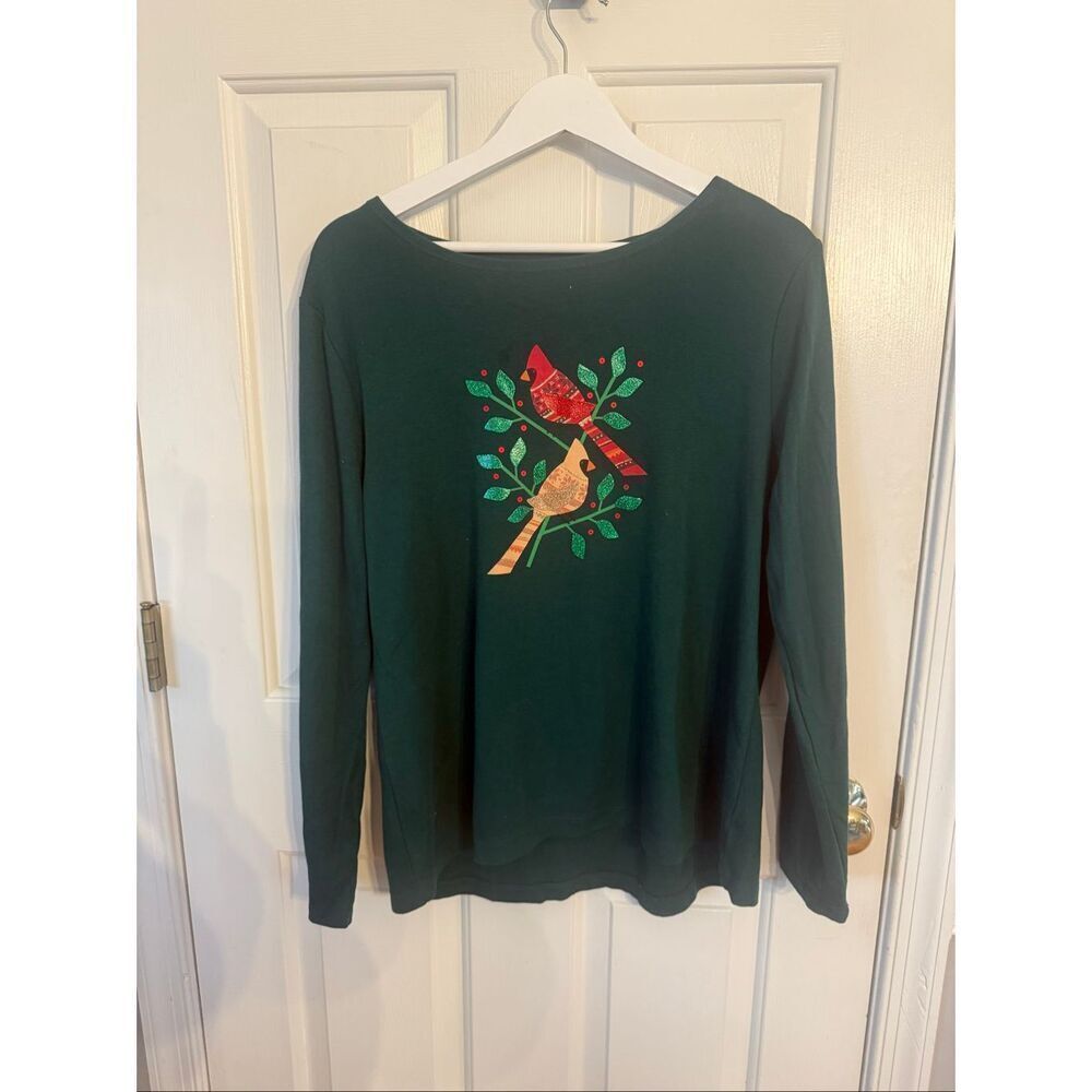 Croft & Barrow Green Sparkly Christmas Birds Long Sleeve T-Shirt sz L NWOT